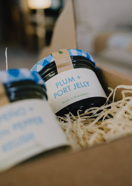 Jar of Plum + Port Jelly. Christmas Festive Gift set for foodie and food lovers.