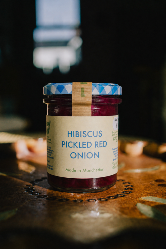 Jar of hibiscus pickled red onion, great foodie gift