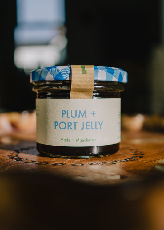 Jar of Plum + Port Jelly. Christmas Festive Gift set for foodie and food lovers.