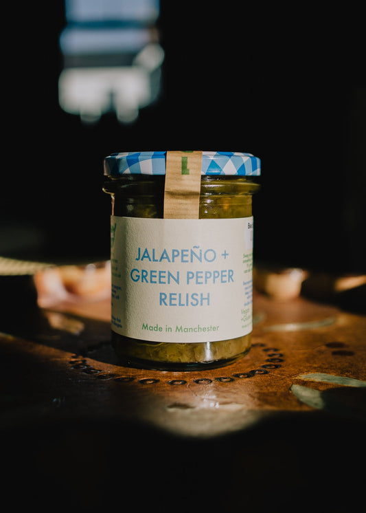 Jar of jalapeño and green pepper relish. Cheeseboard accompanyment. Gift idea for foodie. 