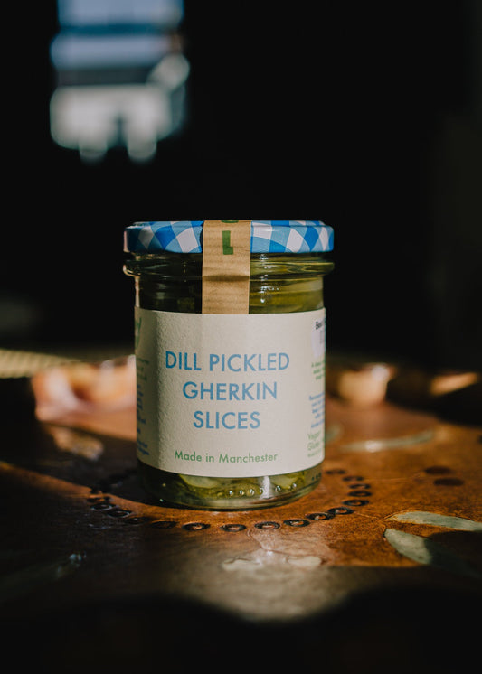 Jar of dill pickled gherkin slices, great for pickle lovers. Christmas Festive Gift Box for food lovers