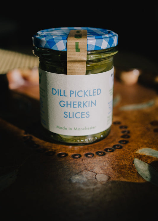 Jar of dill pickled gherkin slices, great for pickle lovers. Christmas Festive Gift Box for food lovers