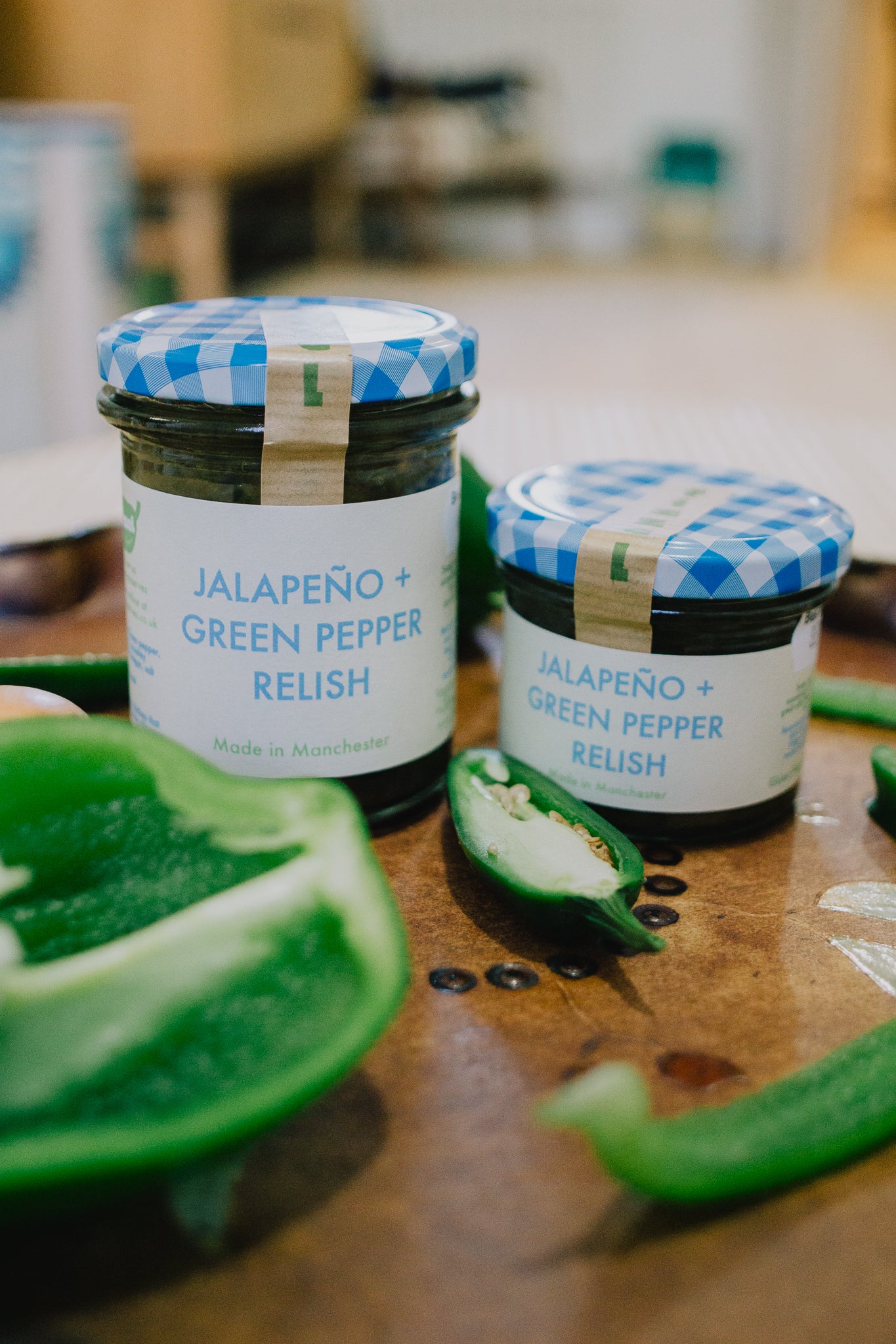 Jar of jalapeño and green pepper relish. Cheeseboard accompanyment. Gift idea for foodie. 
