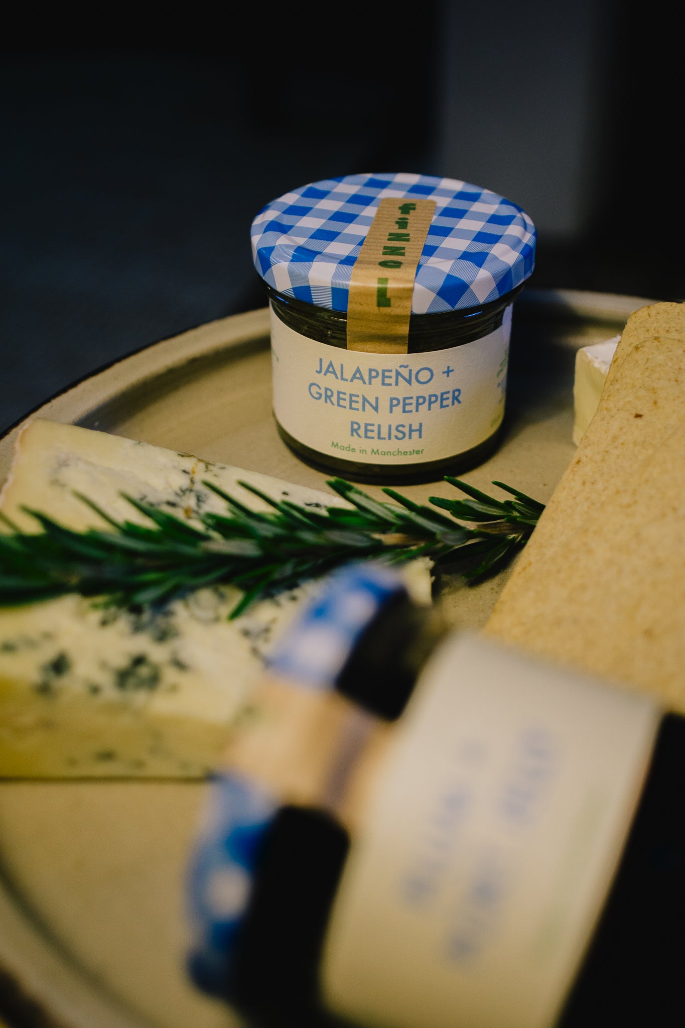 Jar of jalapeño and green pepper relish. Cheeseboard accompanyment. Gift idea for foodie. 