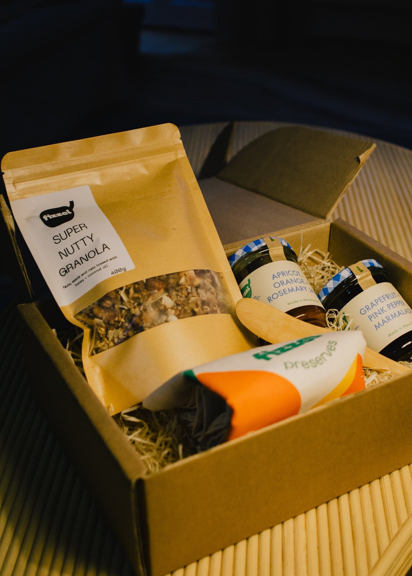 Gift box for breakfast, perfect for foodie friends. Granola, jam, marmalade. Makes a great christmas present