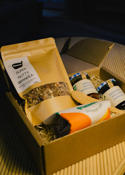 Gift box for breakfast, perfect for foodie friends. Granola, jam, marmalade. Makes a great christmas present